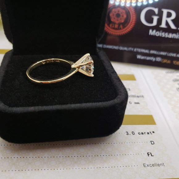 14K Solid  Yellow Gold 3 Carats Round Cut Moissanite Engagement Ring - Picture 3 of 5